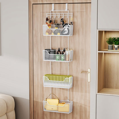 HapiRm Over The Door Organizer - Hanging Door Organizer with 4 Metal Large Capacity Baskets and Adjustable Coat Hook for Bathroom Bedroom Kitchen Pantry Closet Cabinet