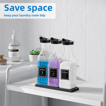 Laundry Detergent Dispenser,54OZ Laundry Soap Dispenser,Liquid Laundry Detergent Container,Fabric Softener Dispenser with Bamboo Wood Tray,Laundry Room Organizer with 4 Labels