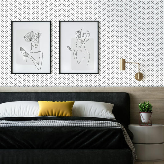 Erfoni Black and White Peel and Stick Wallpaper Modern Herringbone Contact Paper Bathroom 17.7inch x 118.1inch Geometric Removable Wallpaper Peel and Stick Self Adhesive Contact Paper for Accent Wall