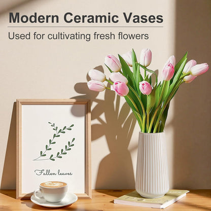 White Ceramic Vase, GUKJOB Small Cute Flower Vase for Pampas Grass, Home, Living Room, Dining Table, Farmhouse, Office Decor, Bedroom, Table, and Kitchen Shelf (White- 2PCS)