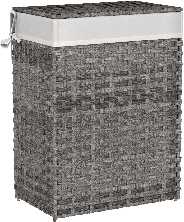 SONGMICS Laundry Hamper with Lid, 23.8 Gallon (90 L) Synthetic Rattan Clothes Laundry Basket with Lid and Handles, Foldable, Removable Liner, Chestnut Brown ULCB051K02