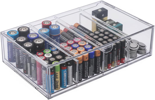 Battery Organizer,Clear Battery Storage Box with lid,8 Slot Battery Storage Case Removable Dividers for Common Types Batteries, Household Container(Clear)
