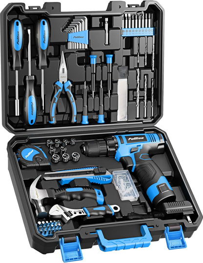 PULITUO Drill Set, 149-Piece Home Tool Set with 12V Pink Cordless Drill, Tool Box, Hand Tool Kits for Women & Men and DIY Enthusiasts, for Home Improvement