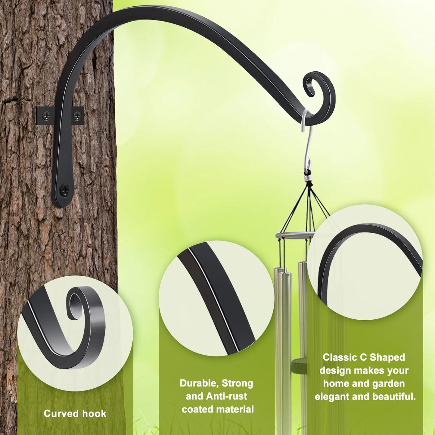 FEED GARDEN Heavy Duty Plant Hangers Outdoor Indoor, 8 Inch 2 Pack Metal Hanging Bracket Holds Up to 44 lbs, Wall Brackets for Hanging Baskets, Bird Feeders,Wind Chime& Lanterns, Black