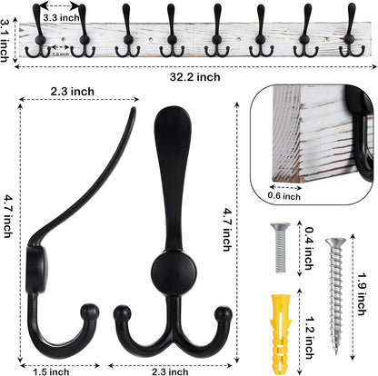 Kuhome 2pcs Coat Rack Wall Mount Wooden Hat Rack for Wall Hooks Pine Real Wood Plank 16.9" Brown Coat Hanger with 5 Triple Hooks for Hanging Coat Hat Jacket