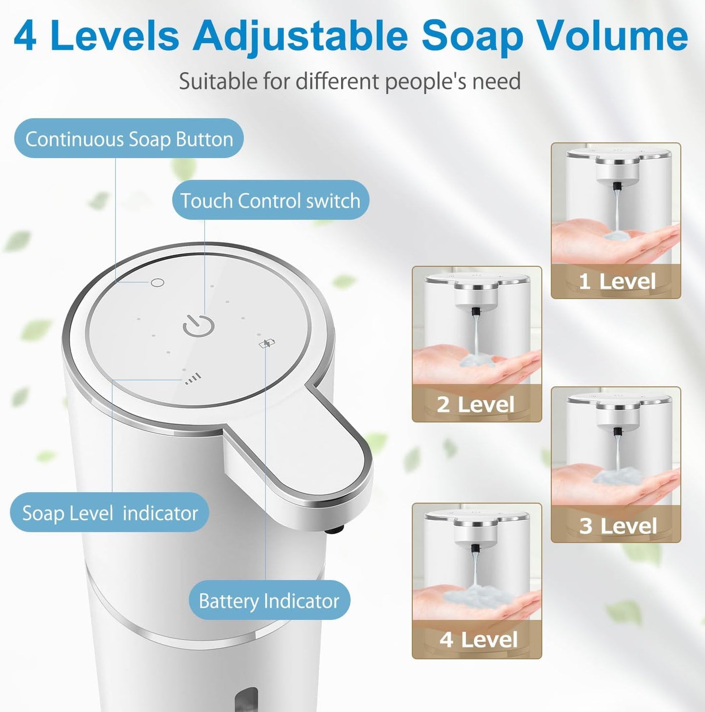 Automatic Foaming Soap Dispenser,4-Level Adjustable Foam, Wall Mount,USB Rechargeable,12.8oz/ 380ml,Touchless Hand & Dish Soap Dispenser for Bathroom, Kitchen,Hotel, Restaurant