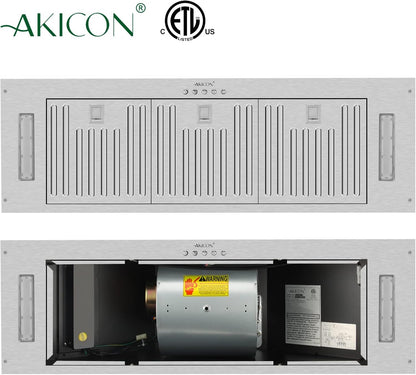 Range Hood Insert/Built-in 36 inch,Ultra Quiet Powerful Vent Hood with LED Lights, 3 Speeds 600 CFM, Stainless Steel - Akicon