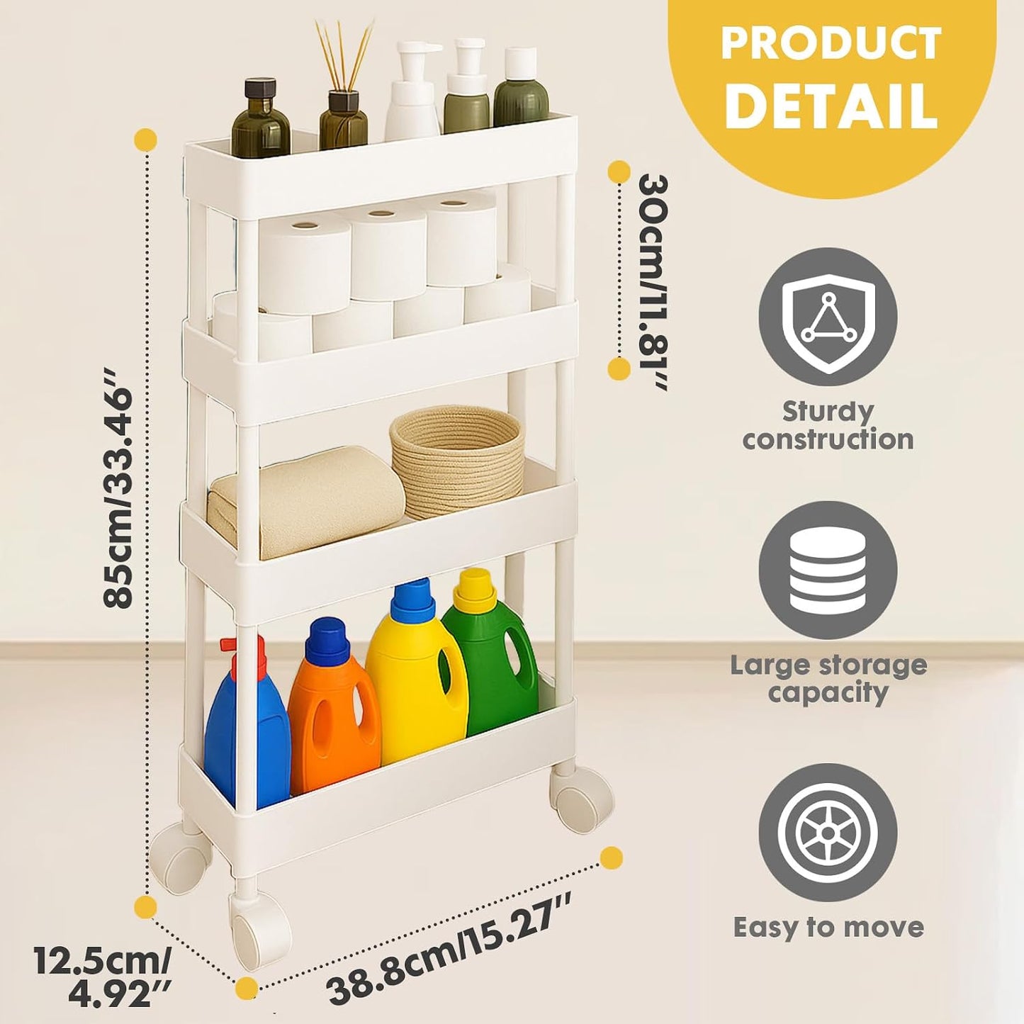 ShellKingdom 4 Tier Bathroom Storage Organizer, Slim Rolling Storage Cart for Narrow Space, Mobile Shelving Unit with Lockable Wheels and Hooks for Bathroom, Kitchen, Laundry Movable Shelf (Green)
