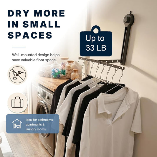 Suction Cup Wall Mounted Drying Rack, Foldable No Drill Laundry Hanger | No-Drill Hanging Solution Holds of Laundry on Smooth Tile, Glass, Metal, Marble; Portable, Reusable for RV Travel