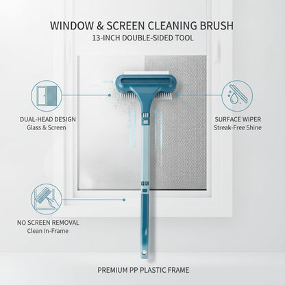 Double-Sided Window & Screen Cleaning Brush, 13-Inch PP Tool for Glass and Mesh, Integrated Squeegee Wiper, Yellow/Blue