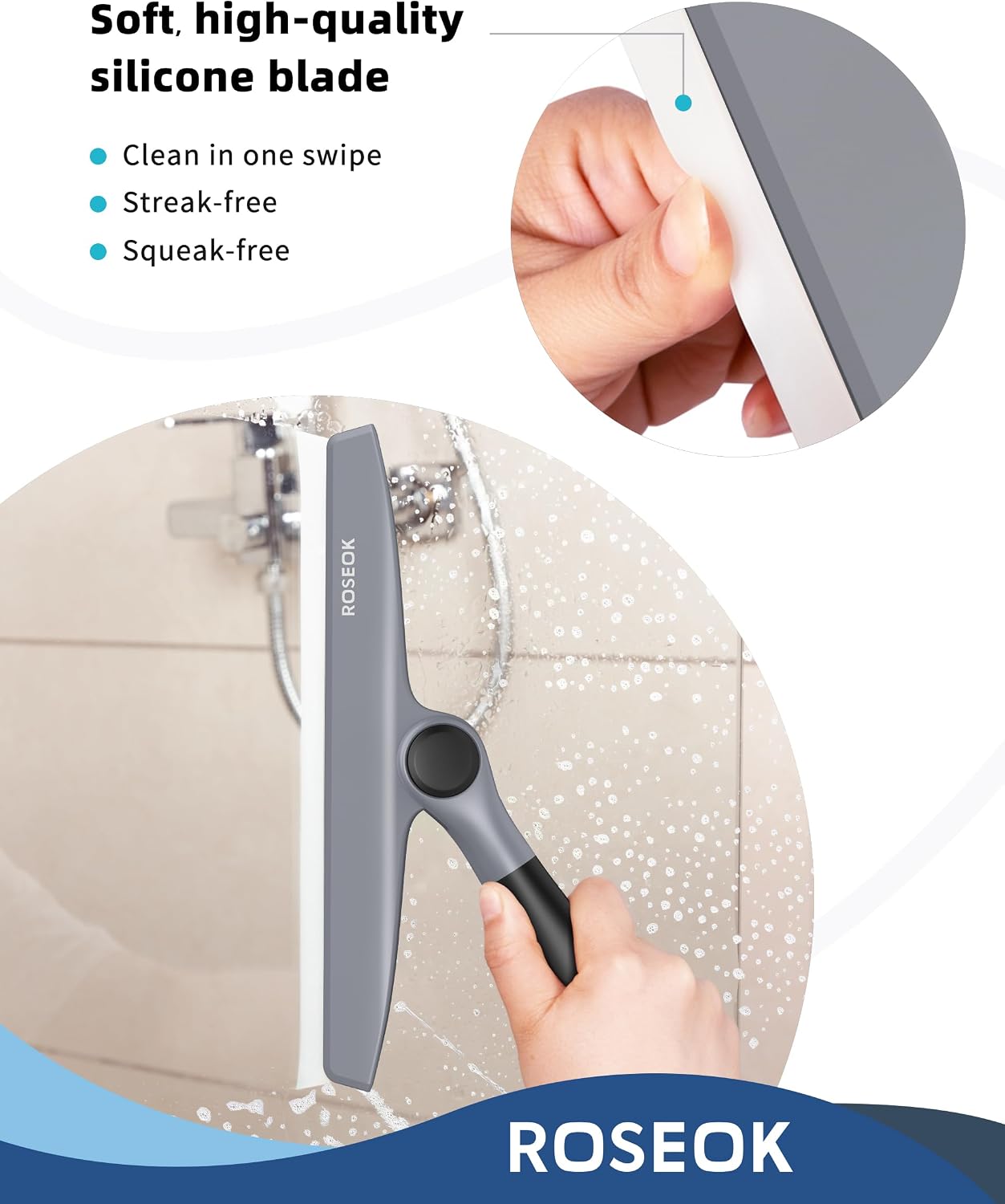 ROSEOK Shower Squeegee, Silicone Squeegee for Glass Doors with Hook | For Bathroom, Window, Mirror, Tile Wall, Pivoting Head, 10 Inch, Navy Blue, 1 Pack