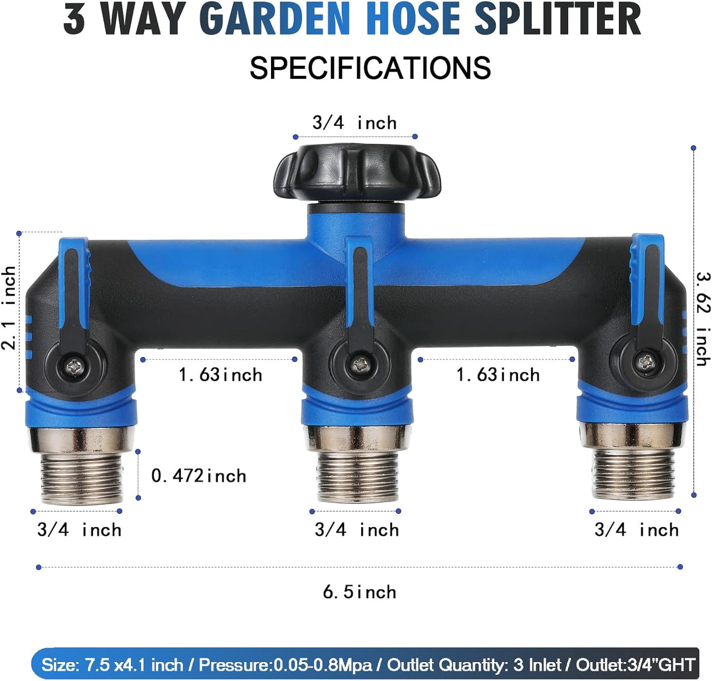 ATAOSGRGarden Hose Splitter 3 Way, 3/4" Outdoor Faucet Splitter, Tap Connector with On/Off Valves and Extended Handle, Tap Adapter Garden Hose Connector for Garden Outdoor Home - Greens