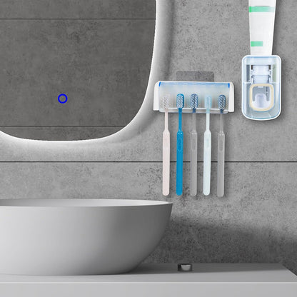 5 Slots Wall Mount Toothbrush Holder with Cover, Self Adhesive Toothbrush Storage Organizer for Shower, Toothbrush Hanger with Automatic Toothpaste Squeezer Dispenser