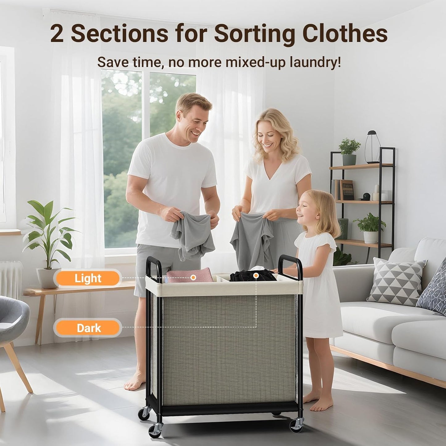 ELYKEN Laundry Hamper 3 Section, 120L Rolling Laundry Sorter with Removable Liner Bag, Laundry Basket with Wheels, Steel Frame with Metal Handle, Clothes Hamper Cart for Laundry Room & Bedroom
