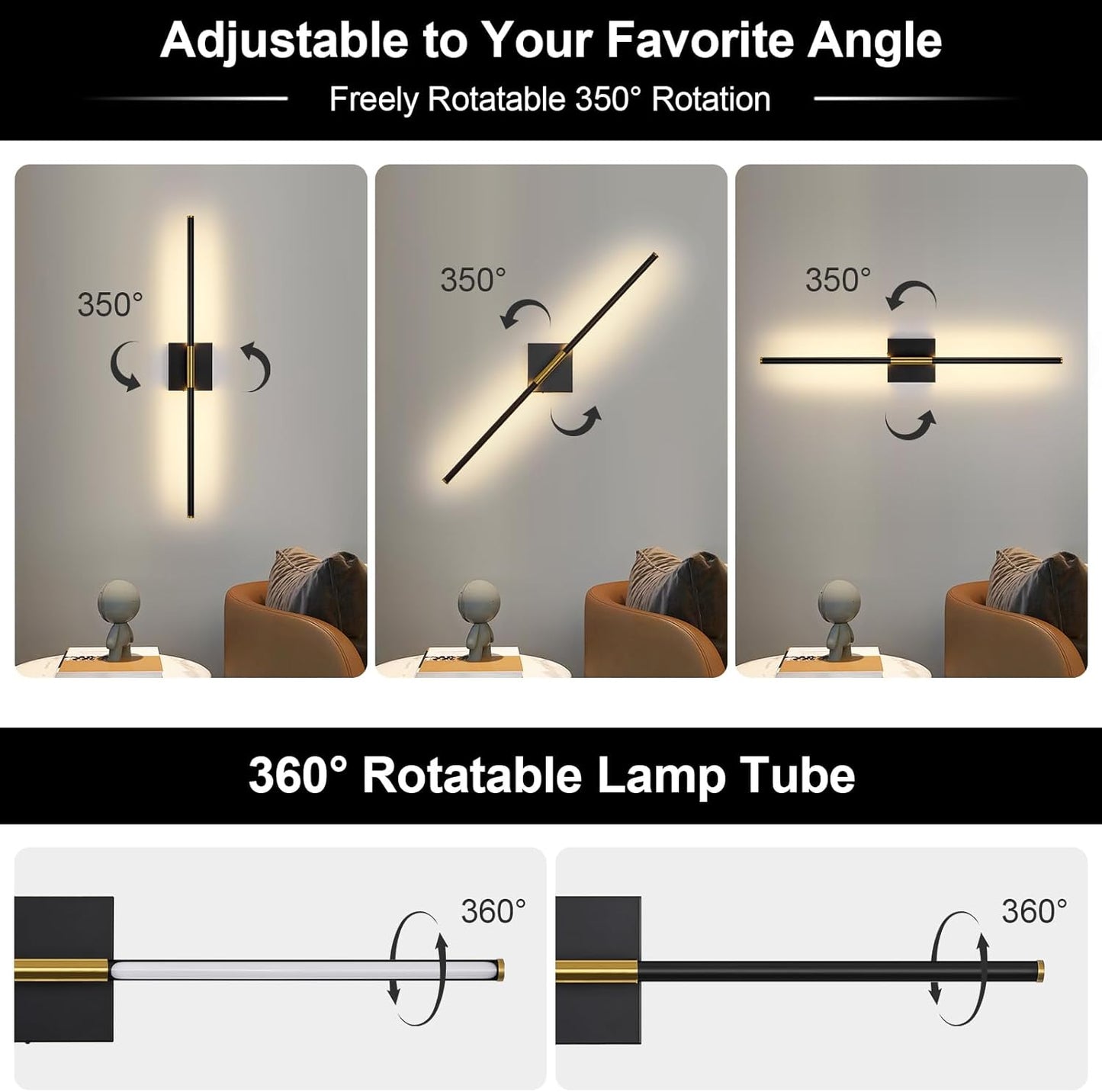 Battery Operated Wall Sconce Set of Two with Remote Control, 3000K-6000K Dimmable Black Wall Lights, Timable LED Wireless Wall Sconces, 350° Ratate for Bathroom, Living Room, Hallway 29.1 Inch