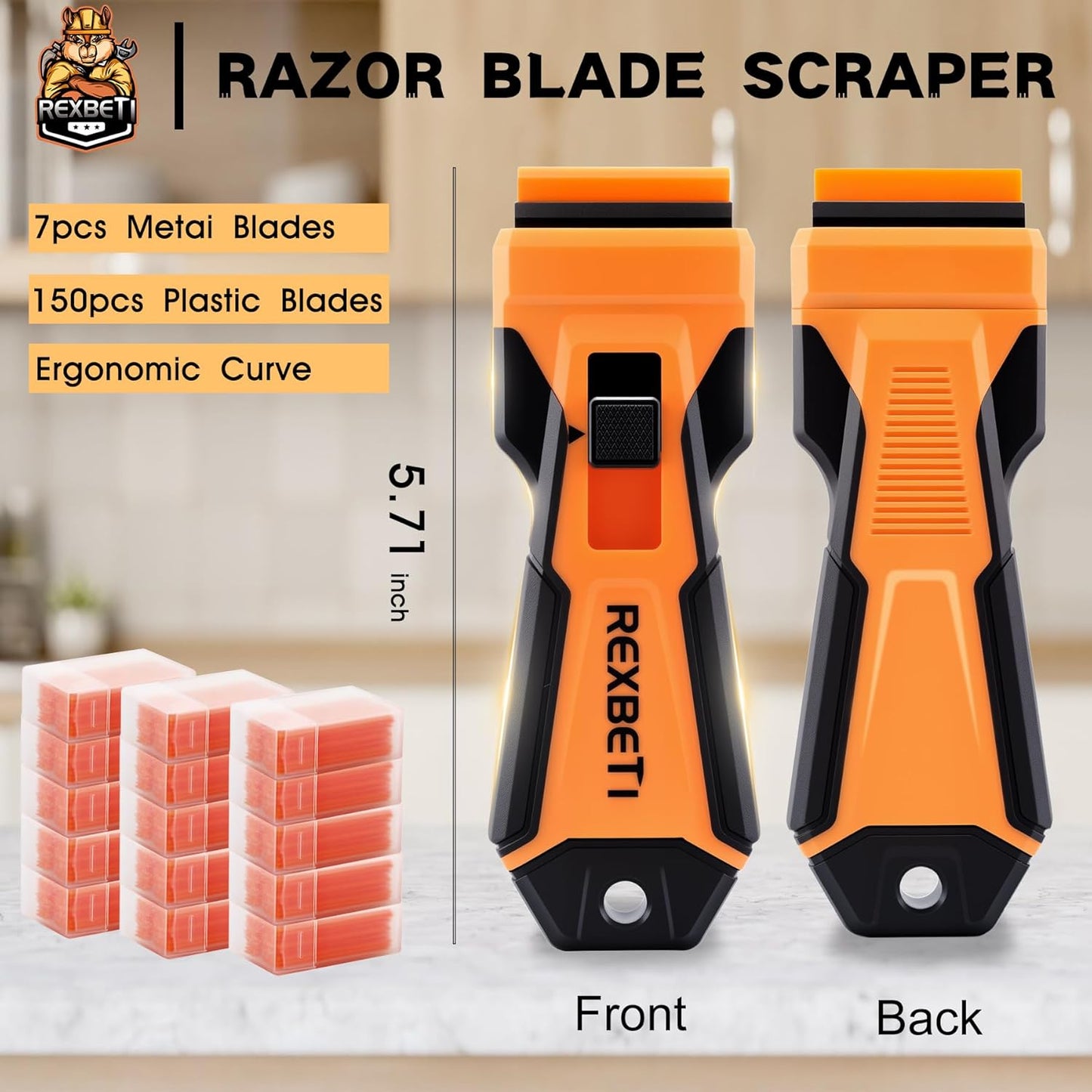 REXBETI Razor Blade Scraper Tool, 2 Pack Razor Scraper Set with Extra 80Pcs Razor Blades -30Pcs Metal and 50Pcs Plastic Blades, Cleaning Scraper Tool, Cooktop, Paint, Glass Scraper