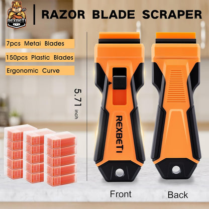 REXBETI Razor Blade Scraper Tool, 2 Pack Razor Scraper Set with Extra 80Pcs Razor Blades -30Pcs Metal and 50Pcs Plastic Blades, Cleaning Scraper Tool, Cooktop, Paint, Glass Scraper