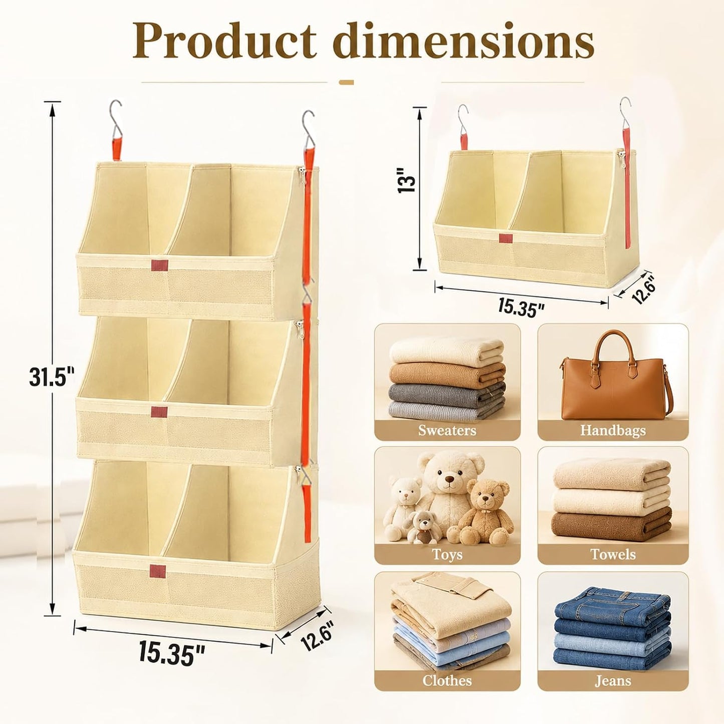 Fabric 4 Tier Hanging Closet Organizers Heavy Duty Shelf Hanging Storage Towel Clothes Sweater Jeans Bag Organizer For Closet For Bedroom,Dorm,RV,See Through Front Panel, Space-Saving (Beige-4Tier)