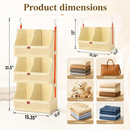 Fabric 4 Tier Hanging Closet Organizers Heavy Duty Shelf Hanging Storage Towel Clothes Sweater Jeans Bag Organizer For Closet For Bedroom,Dorm,RV,See Through Front Panel, Space-Saving (Beige-4Tier)