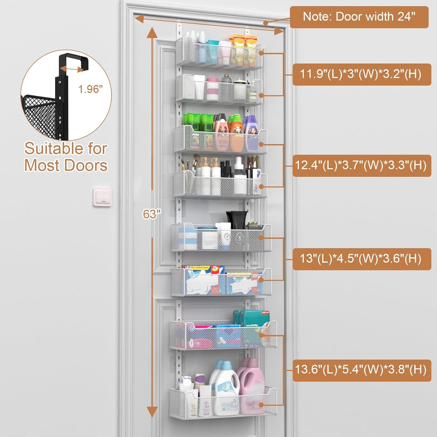 VyGrow Over The Door Organizer, Metal Door Organizer Hanging with 5 Adjustable Baskets and Coat Hook, Behind The Door Storage for Bedroom Closet Bathroom Pantry Cabinet Kitchen, Black