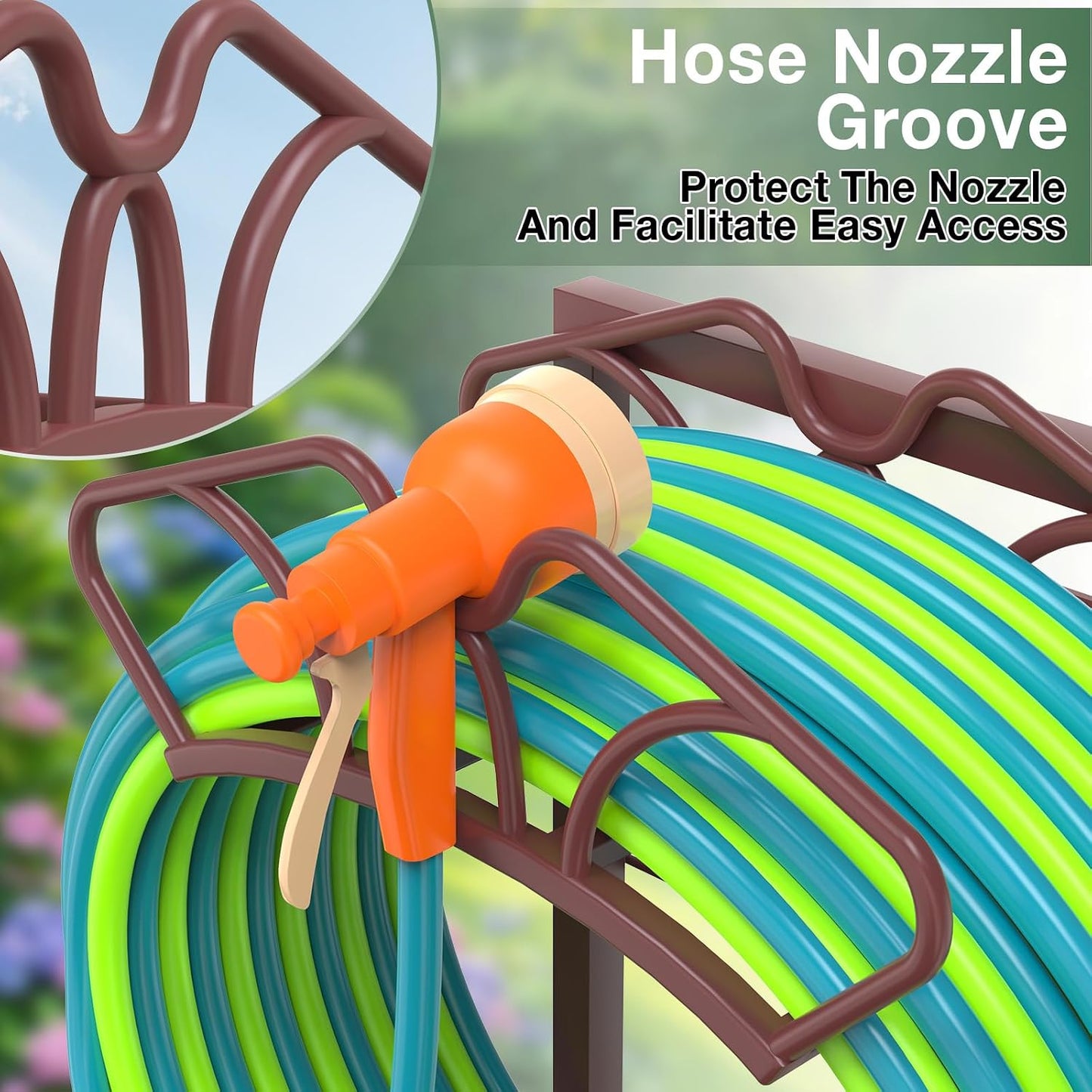 Qatsrin Upgraded Garden Hose Holder with Large Basket, Heavy Duty Water Hose Holder Supports 160-ft Hoses, Freestanding Detachable Hose Stand Storage Reel Hanger Rack for Yard Lawn Farm