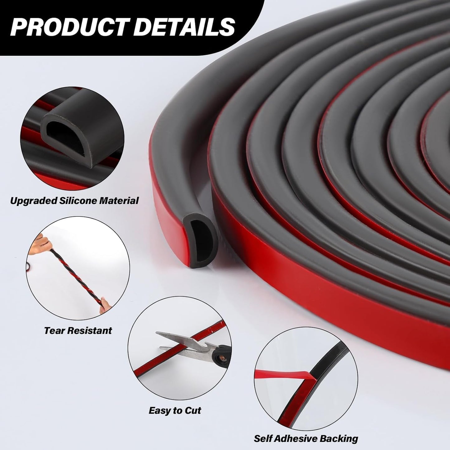Silicone Weather Stripping Door Seal, 20FT Self Adhesive D Shaped Door Seal Strip for Door Frame, Door Insulation Strip Window Seal, W:1 in; H:1 in; 20Feet