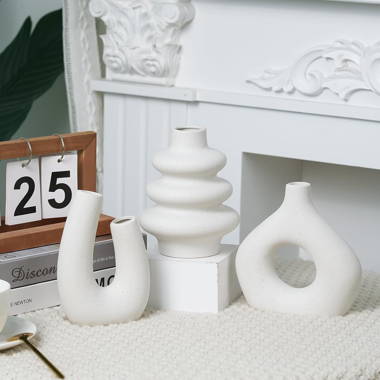 CUCUMI Ceramic Vase Set of 5, Home Decor Farmhouse Décor Handmade Pottery Vases for Pampas Grass, Dried Fresh Flowers, Table, Living Room, Kitchen, Shelf, Entryway Mantel Neutral Tones