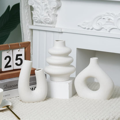 CUCUMI Ceramic Vase Set of 5, Home Decor Farmhouse Décor Handmade Pottery Vases for Pampas Grass, Dried Fresh Flowers, Table, Living Room, Kitchen, Shelf, Entryway Mantel Neutral Tones