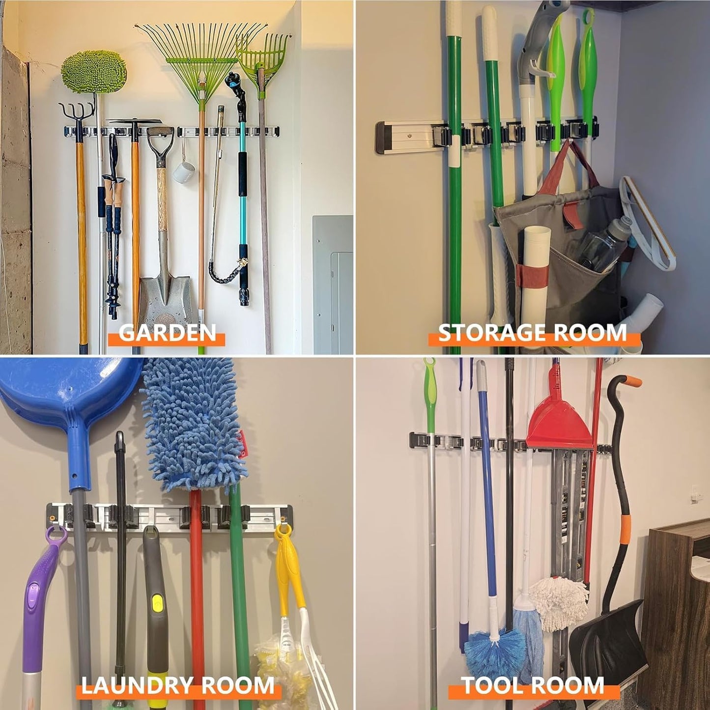reliahom Broom Holder Wall Mount Mop Hanger Tools organizer 4Racks 5Hooks | Adjustable Mop Broom Wall Hanging Heavy duty Tools Storage Rack Space-saving for Garage,Kitchen,Laundry Room,Garden, Silver