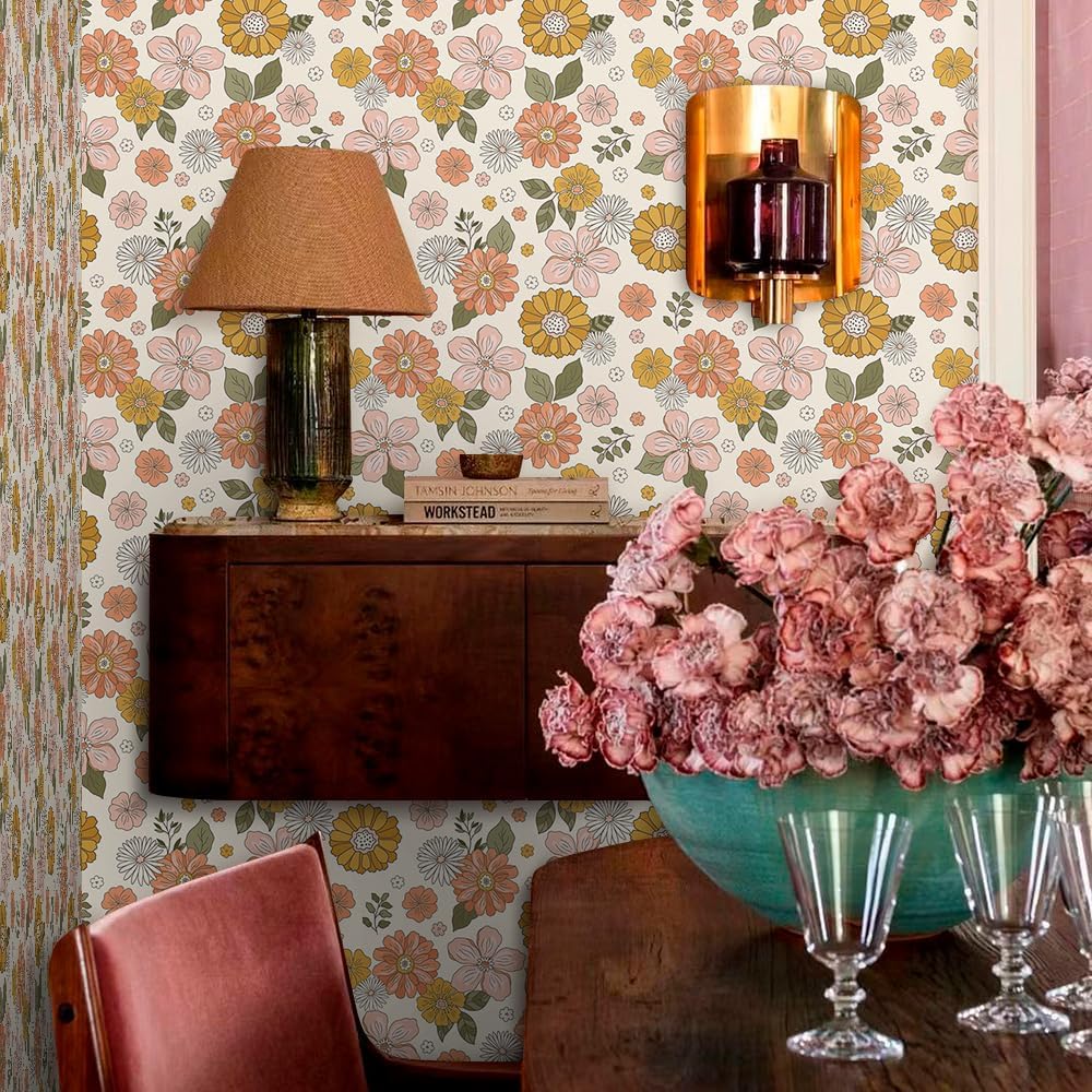 MuralPeel Dark Blue/Yellow Leaf Floral Peel and Stick Wallpaper Vintage Easy Peel Off Self Adhesive Removable Stick on Wall Paper for Kitchen Cabinet Renter Friendly