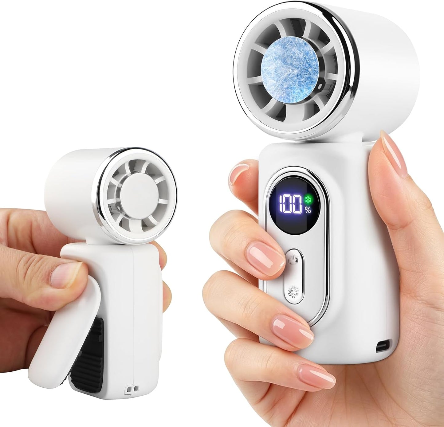 Clip-On Portable Fan with Ice Cooling, 5 Speeds Rechargeable Handheld Mini Fan with LED Display, 180° Portable Turbo Fan for Stroller, Eye Lash, Travel, Concert, Beach, Gifts for Women (White)