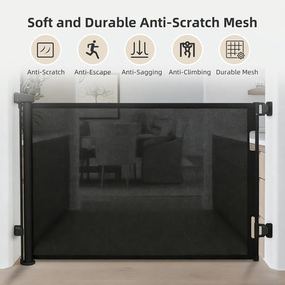Retractable Baby Gate, 55 in Wide x 33 in Tall Mesh Dog Gate, Hardware Mounted Safety Gate with Double Lock for Doorways, Hallways, Indoor Outdoor, White