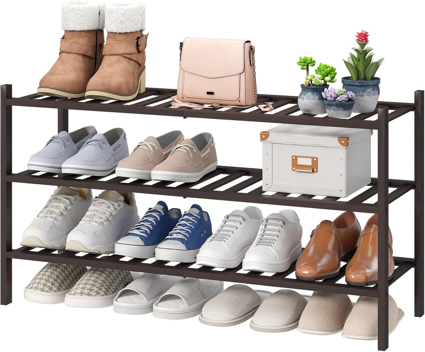 viewcare 3-Tier Black Bamboo Shoe Rack for Entryway, Stackable | Foldable | Natural, Shoe Shelf Storage Organizer for Hallway Closet, Free Standing Shoe Racks for Indoor Outdoor