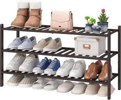 viewcare 3-Tier Black Bamboo Shoe Rack for Entryway, Stackable | Foldable | Natural, Shoe Shelf Storage Organizer for Hallway Closet, Free Standing Shoe Racks for Indoor Outdoor