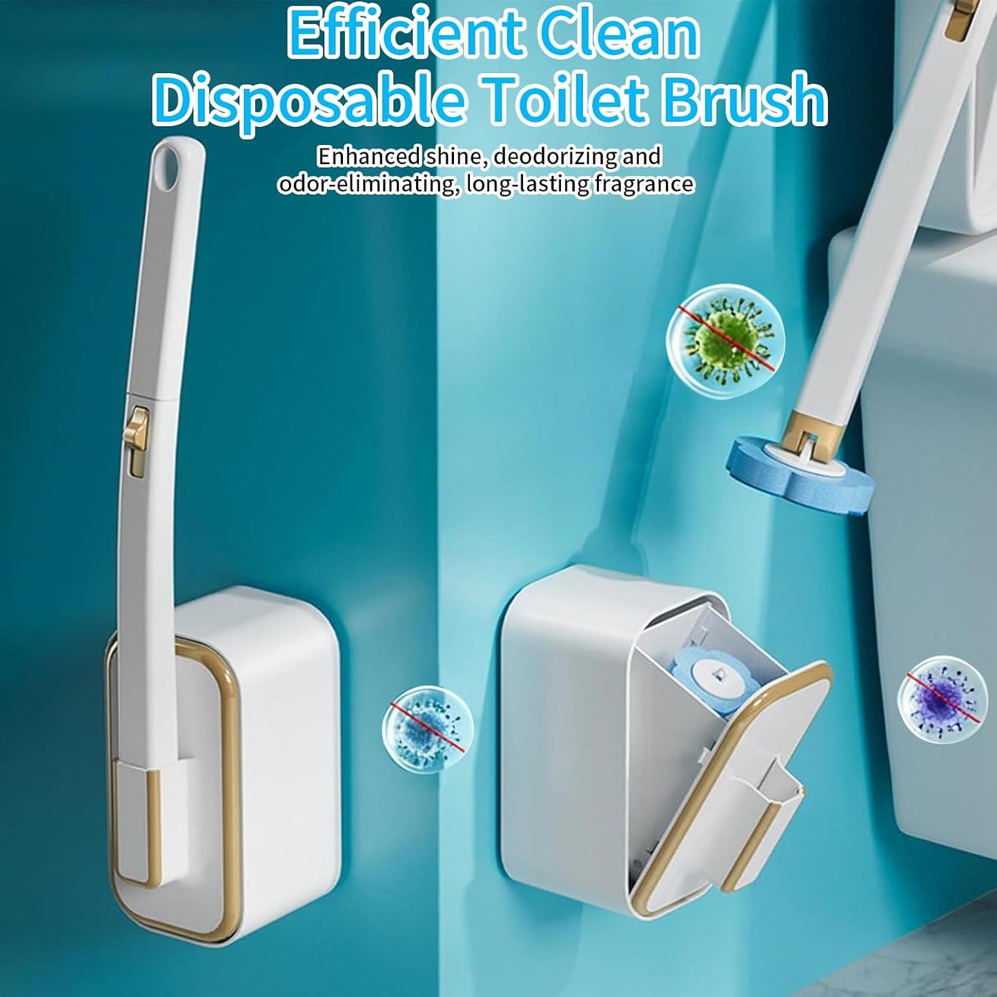 Disposable Toilet Brush and Holder Set with 48 Refill Heads, Hygienic Disposable Brush Head, Wall Mountable Space Saver, No-Touch Handle Operation for Bathroom Cleaner