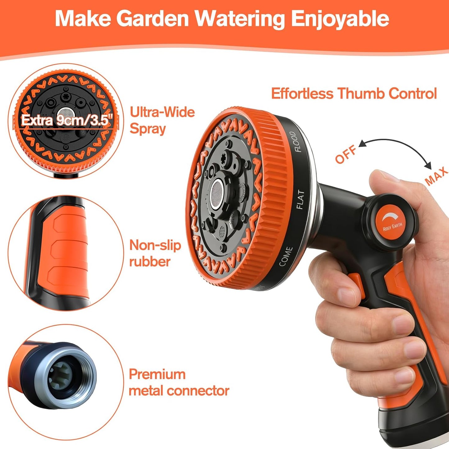 Rosy Earth Garden Hose Nozzle, 3.6" Ultra-Wide Metal Hose Sprayer, Orange