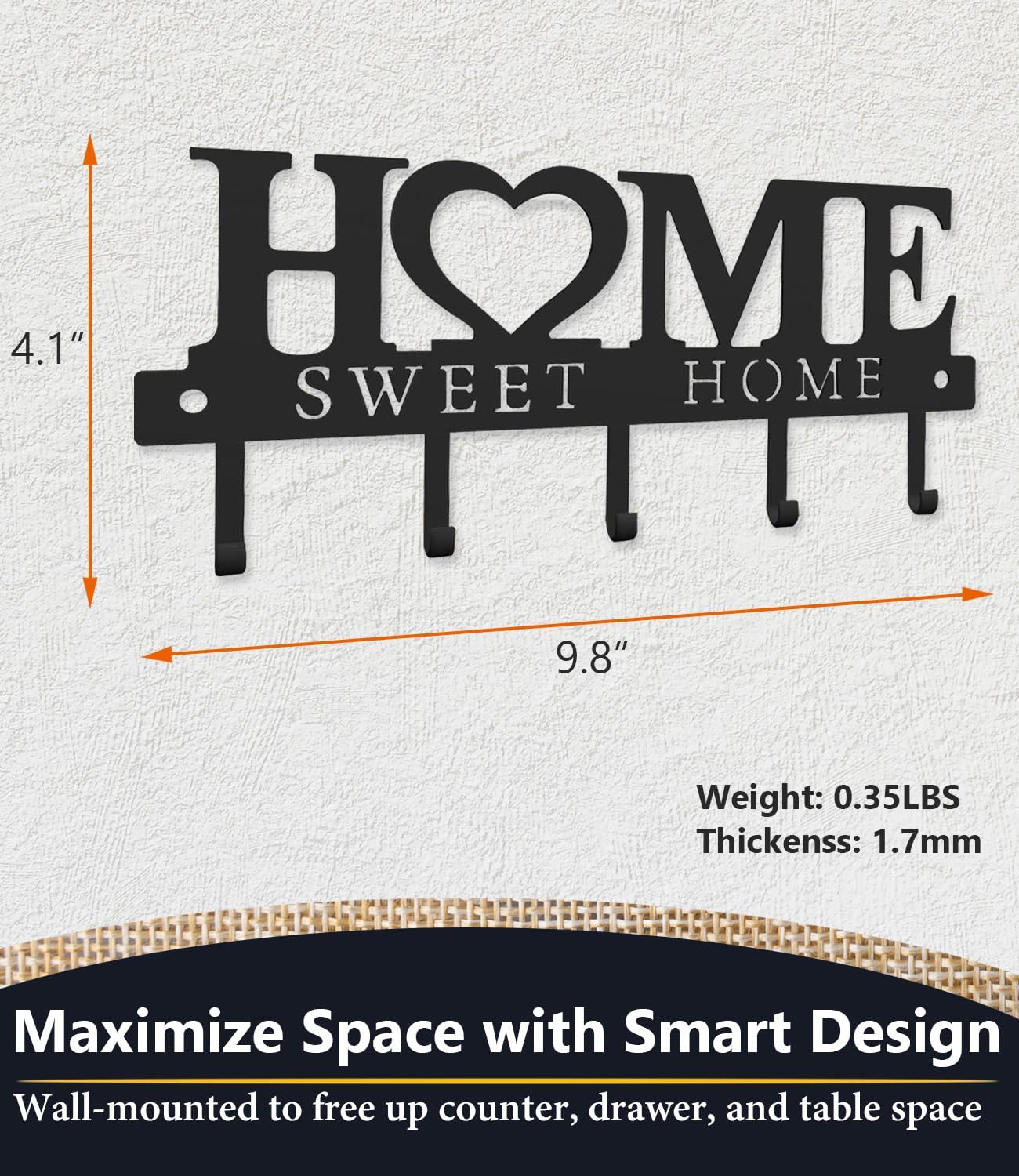 Key Holder Hooks Organizer Hanger Rack Wall Mounted Sweet Home Metal Decor Stylish and Practical for Entryway Front Door Kitchen Hallway Garage Mudroom Office Hardware Included Black