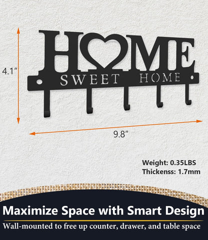 Key Holder Hooks Organizer Hanger Rack Wall Mounted Sweet Home Metal Decor Stylish and Practical for Entryway Front Door Kitchen Hallway Garage Mudroom Office Hardware Included Black