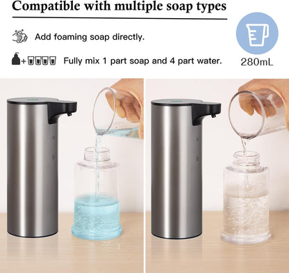 Automatic Soap Dispenser Stainless Steel Touchless Foaming Soap Dispenser for Bathroom Auto Rechargeable Hand Soap Pump (Silver-Black)