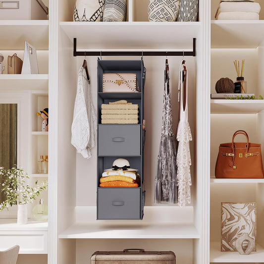 YOUDENOVA Hanging Closet Organizer, 5 Tier Hanging Closet Shelves with 6 Side Pockets and 2 Drawers, Grey