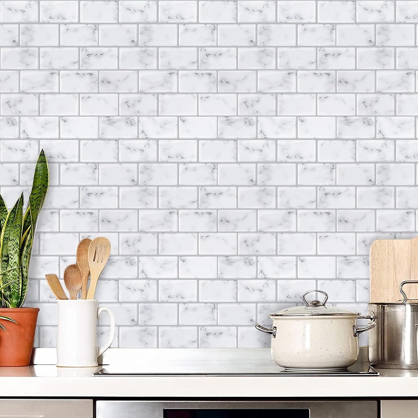 White Peel and Stick Backsplash Tiles for Kitchen, 10-Pack Self-Adhesive Waterproof Vinyl Bathroom Wall Tile(12 * 12 inches)