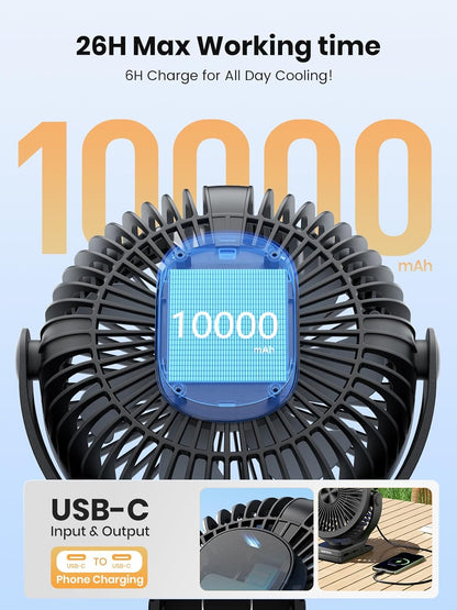 Warmco 10000mAh Rechargeable Clip on Fan, 8 Inch Desk Fan for Camping | 8-26H Runtime, USB-C Two-Way Charging, 360° Adjustable, 3-in-1 Clip Hook Desk Use, 4 Speeds, Washable Grille