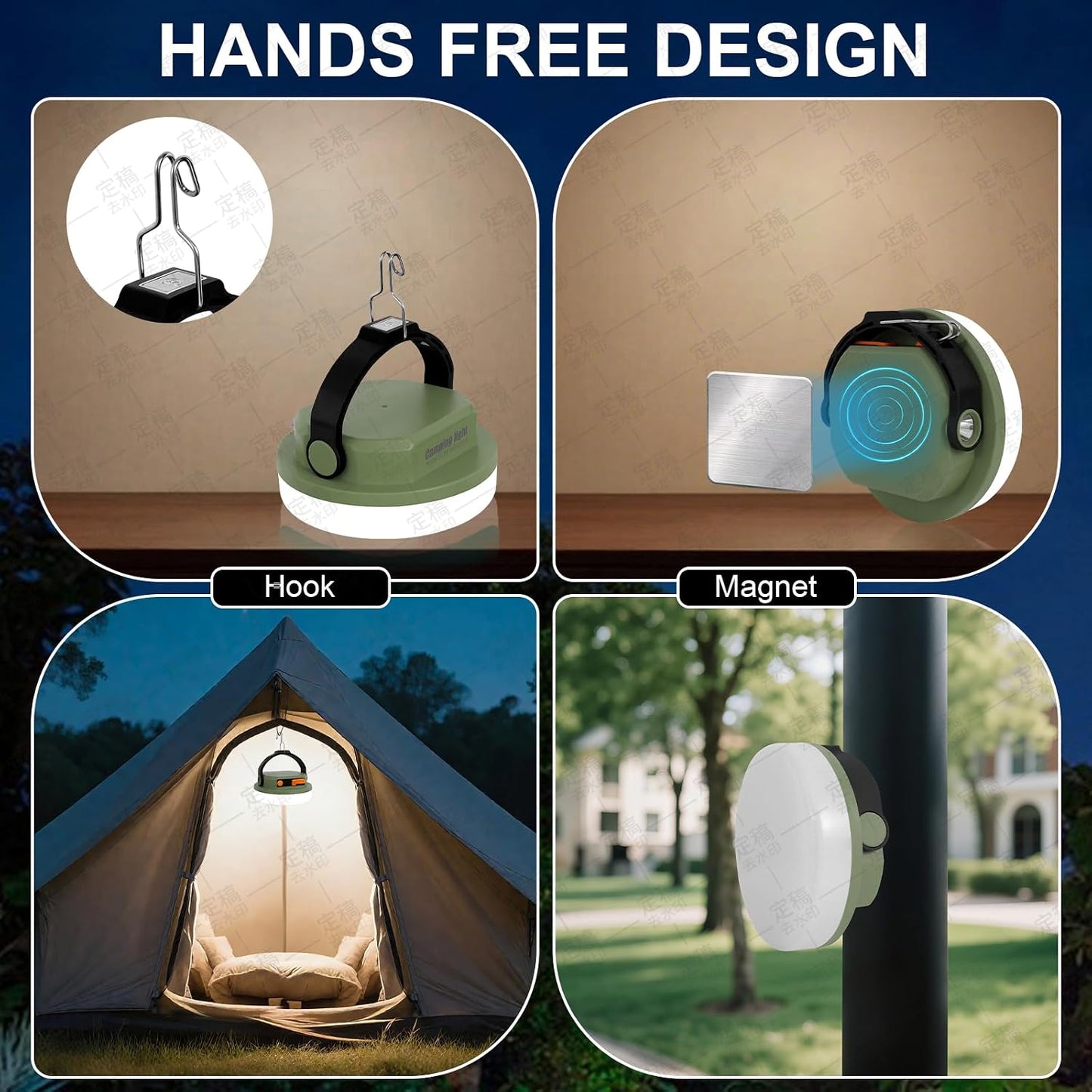 Camping Light Rechargeable, LED Camping Lantern for Power Outages, Waterproof Emergency Tent Light for Camping with Magnet Hook, Power Bank & Flashlight, 100W 6000mAh, Army Green
