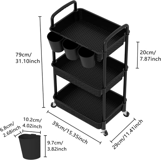MOYIPIN 3-Tier Plastic Rolling Utility Cart with Handle,Utility Storage Cart for Office, Living Room, Kitchen,Movable Storage Organizer Shelves,White