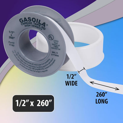 Gasoila PTFE Thread Seal Tape – Professional-Grade, 1/4 Inch x 260 Inch, High-Density Thread Tape for Plumbing, HVAC, Gas Lines, Water Pipes, and Air Compressors – Leak-Proof Seal, Non-Toxic