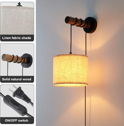 XSDeTu Rechargeable Battery Operated Wall Sconces Set of 2, Modern Battery Powered Wall Light with Wooden Arm & Remote Control, Adjustable 3 Colors Dimmable Wall Lamps for Bedroom, Living Room