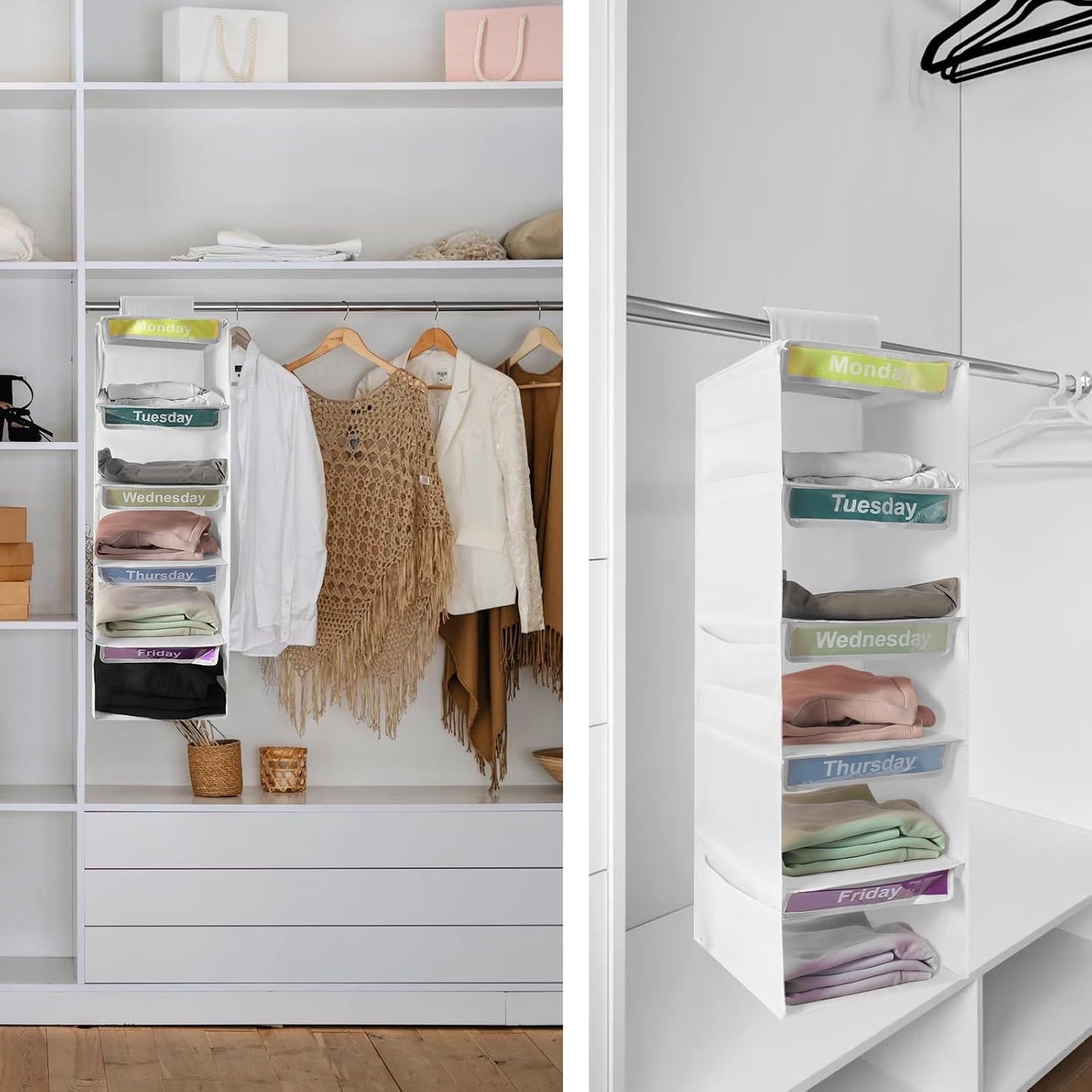 5-Shelf Weekly Clothes Organizer for Kids Days of The Week Hanging Storage Shelves Dorm Room Essential Daily Shelf Hanging Closet Organizer with 6 Side Pockets…