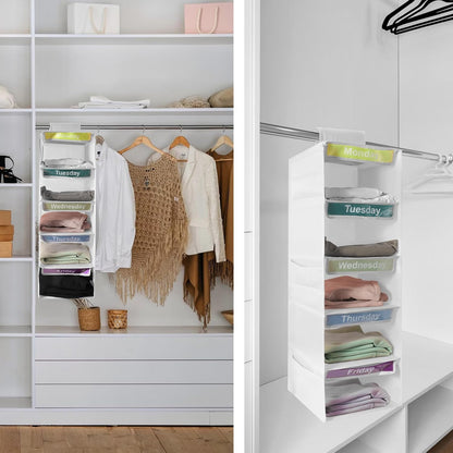 5-Shelf Weekly Clothes Organizer for Kids Days of The Week Hanging Storage Shelves Dorm Room Essential Daily Shelf Hanging Closet Organizer with 6 Side Pockets…