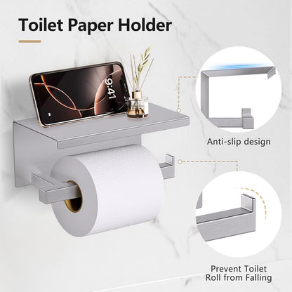 TQKAG Brushed Gold Bathroom Hardware Accessories Set 10 Pieces, 23.6" SUS304 Stainless Steel Towel Bar Set Wall Mounted Includes Single Towel Bar, Towel Ring, Toilet Paper Holder, Double Towel Hooks
