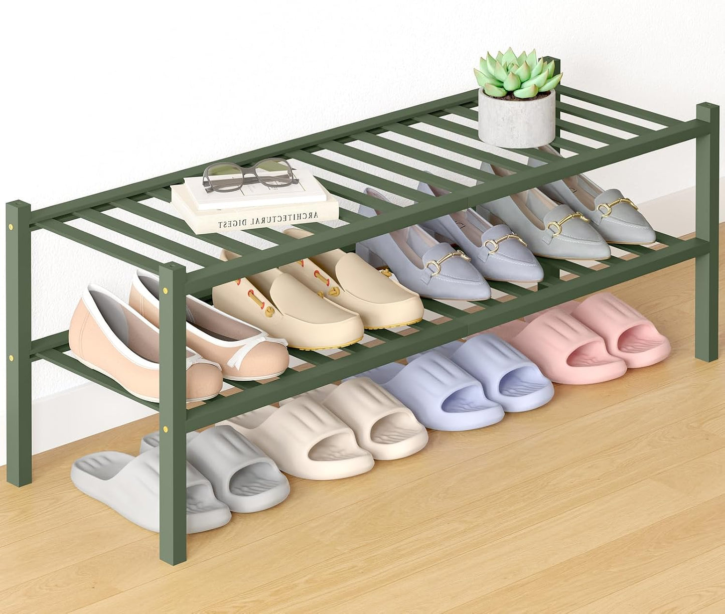 Smiry Bamboo Shoe Rack for Closet, 3 Tier Wooden Shoe Organizer, Stackable Wood Shoe Storage Shelf for Entryway, 14 Vertical Slats, One-piece Heavy-Duty Legs, 26.77"x11.02"x18.31", Natural